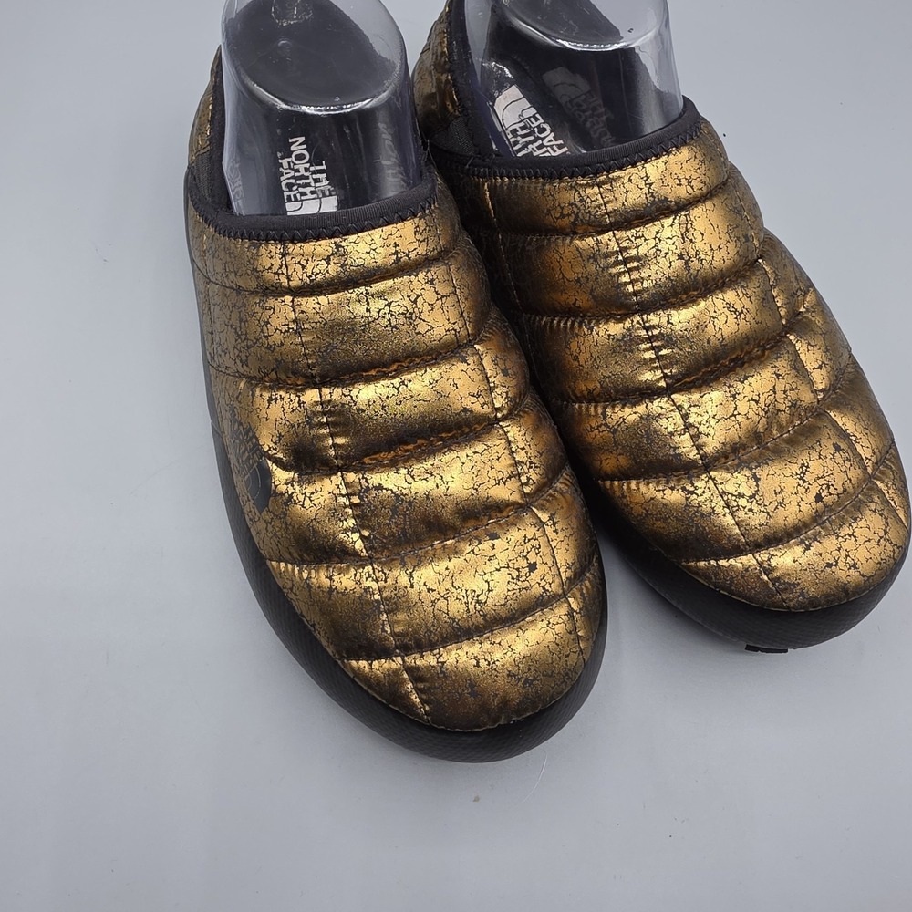 The North Face Thermoball Slippers Womens  7 Gold Black Faux Fur Lined Hard Sole - Picture 2 of 14